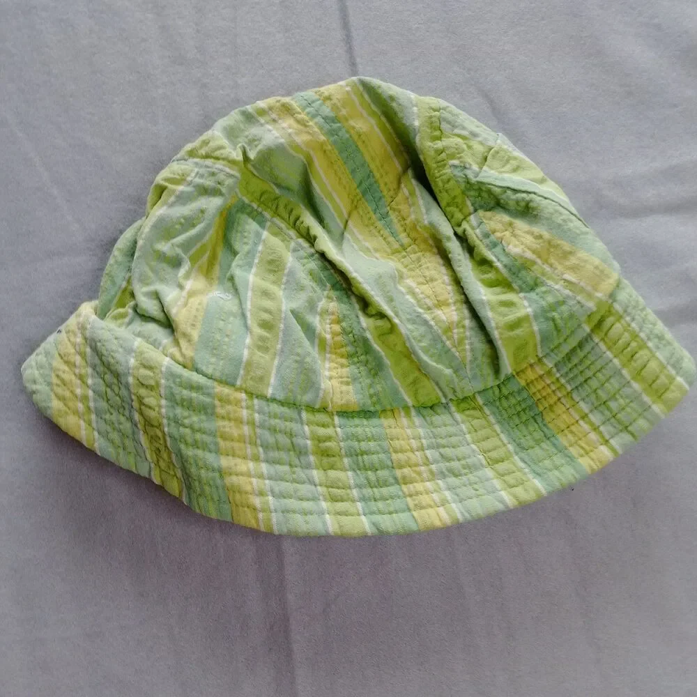 Vtg Gap Cotton Bucket Sun Hat Cap Green Yellow Stripe Beach Infant Toddler S/M